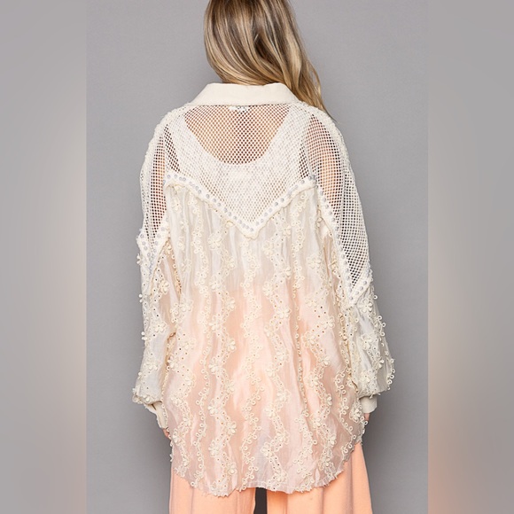 66. POL Button Down Top Women's Lace Mesh Floral Long Sleeve Collard Shacket - Picture 5 of 5